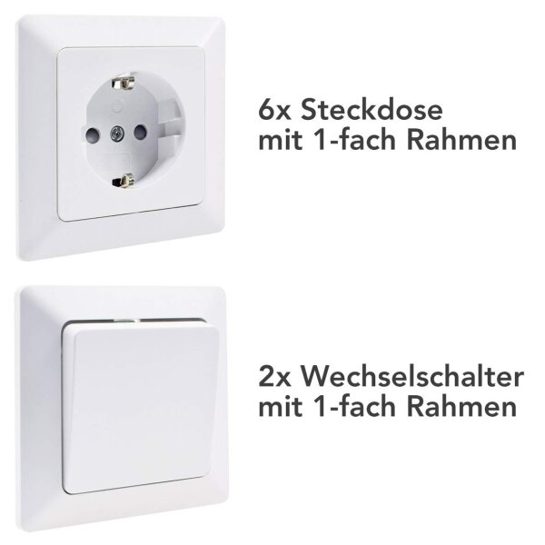 MILOS Starterset 6 Steckdosen & 2 Wechselschalter weiß matt