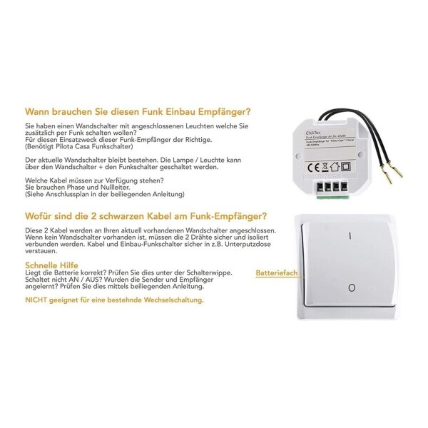 Pilota Casa Funk Starter-Set No.3 – Funk-Wandschalter & Empfänger | 230V | bis 2000W