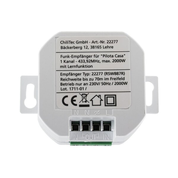 Pilota Casa Funk-Empfänger 1-Kanal | 433,92?MHz | 2300?W | UP-Einbau | für bis zu 10 Sender