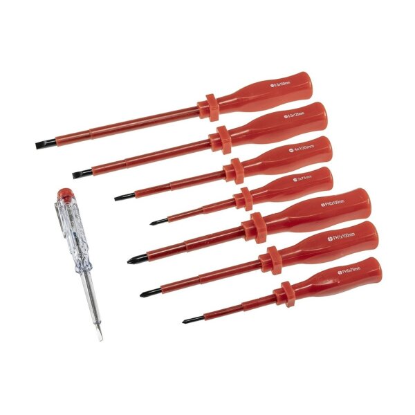 Elektro Schraubendreher-Satz 8-teilig 4x Schlitz 3x Kreuz + 1x Phasenprüfer Isolierter Schaft Spannungsfest bis 1000V mit Transportkoffer