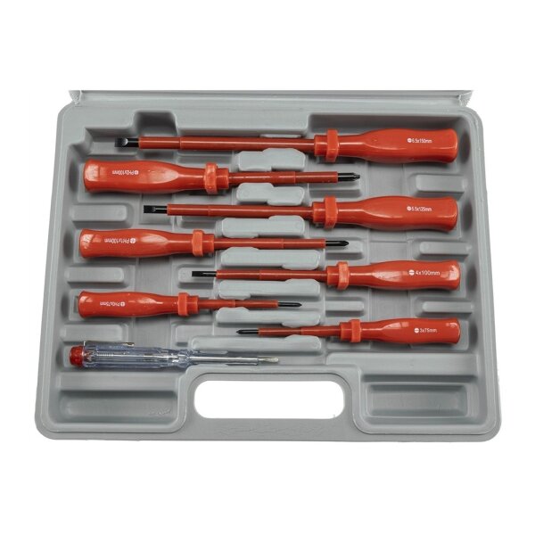 Elektro Schraubendreher-Satz 8-teilig 4x Schlitz 3x Kreuz + 1x Phasenprüfer Isolierter Schaft Spannungsfest bis 1000V mit Transportkoffer