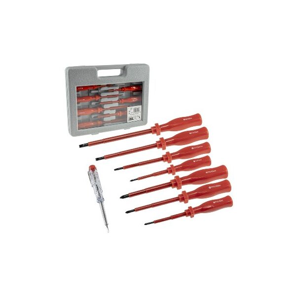 Elektro Schraubendreher-Satz 8-teilig 4x Schlitz 3x Kreuz + 1x Phasenprüfer Isolierter Schaft Spannungsfest bis 1000V mit Transportkoffer