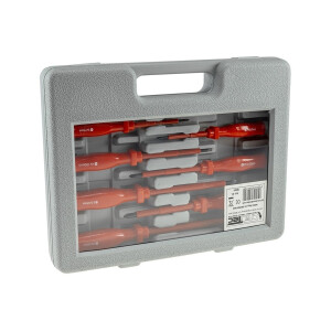 Elektro Schraubendreher-Satz 8-teilig 4x Schlitz 3x Kreuz + 1x Phasenprüfer Isolierter Schaft Spannungsfest bis 1000V mit Transportkoffer