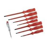 Elektro Schraubendreher-Satz 8-teilig 4x Schlitz 3x Kreuz + 1x Phasenprüfer Isolierter Schaft Spannungsfest bis 1000V mit Transportkoffer