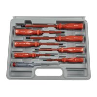 Elektro Schraubendreher-Satz 8-teilig 4x Schlitz 3x Kreuz + 1x Phasenprüfer Isolierter Schaft Spannungsfest bis 1000V mit Transportkoffer