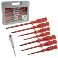 Elektro Schraubendreher-Satz 8-teilig 4x Schlitz 3x Kreuz + 1x Phasenprüfer Isolierter Schaft Spannungsfest bis 1000V mit Transportkoffer