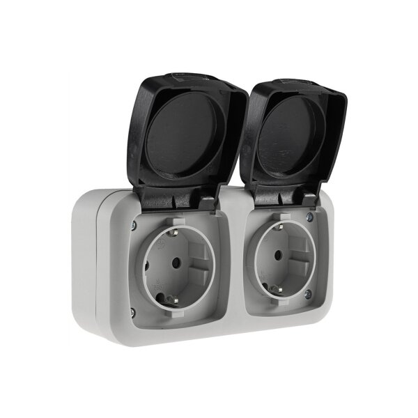 Doppel-Steckdose für Feuchtraum Aufputz IP44 Aussen-Steckdose 250V 16A Klappdeckel vorverdrahtet Grau Anthrazit