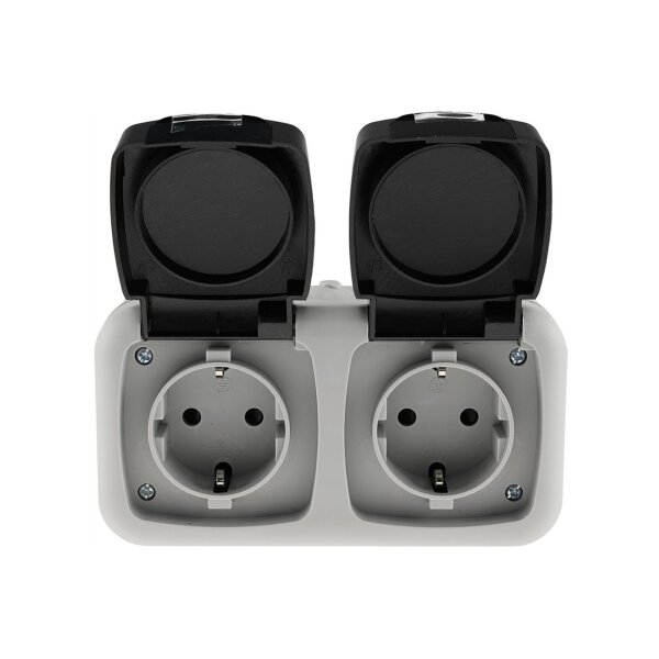 Doppel-Steckdose für Feuchtraum Aufputz IP44 Aussen-Steckdose 250V 16A Klappdeckel vorverdrahtet Grau Anthrazit
