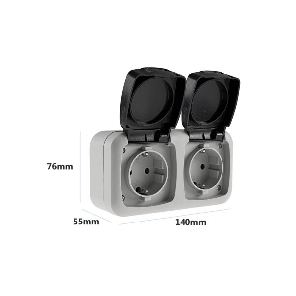 Doppel-Steckdose für Feuchtraum Aufputz IP44 Aussen-Steckdose 250V 16A Klappdeckel vorverdrahtet Grau Anthrazit