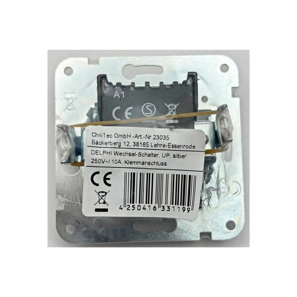 DELPHI Wechselschalter 230V Schalter mit 1 Wippe I Ohne Rahmen I Komfort Klemmanschluss Silber