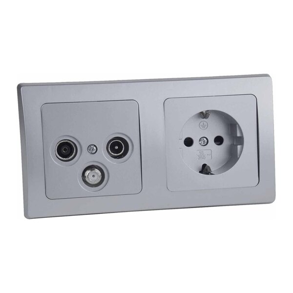 Delphi Unterputz TV SAT Antennendose mit Steckdose 2-Fach Rahmen UP Einbau Set mit Wandabdeckung Klemm Anschluss Grau Silber