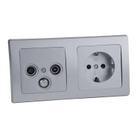 Delphi Unterputz TV SAT Antennendose mit Steckdose 2-Fach Rahmen UP Einbau Set mit Wandabdeckung Klemm Anschluss Grau Silber