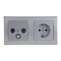 Delphi Unterputz TV SAT Antennendose mit Steckdose 2-Fach Rahmen UP Einbau Set mit Wandabdeckung Klemm Anschluss Grau Silber
