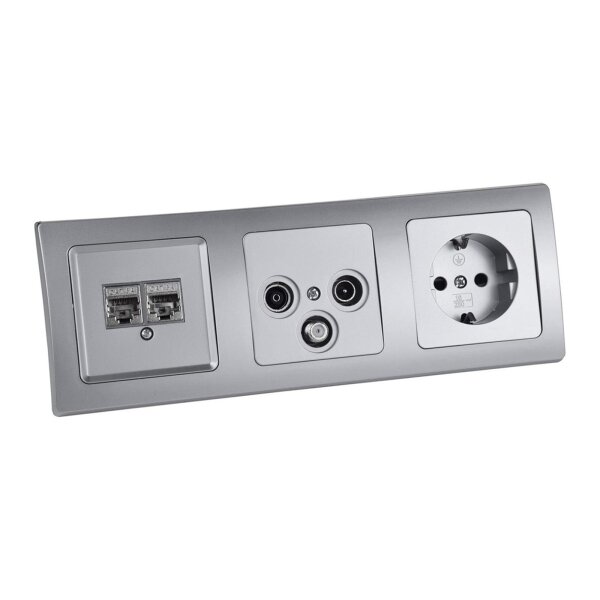 Delphi Unterputz Kombination Cat6 Netzwerk TV Antennendose Steckdose 3-Fach Rahmen UP Einbau 3er Set mit Wandabdeckung Klemm Anschluss Silber