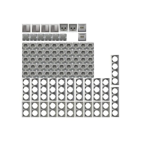 DELPHI Steckdosen Schalter Silber Grau Unterputz KomplettSet 94-teilig I Mit 50x Steckdosen 10x Schalter Netzwerk TV Antenne UP Einbau I Silber