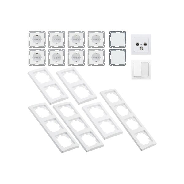 Delphi Steckdosen Schalter Set Wohnzimmer Lichtschalter mit Steckdose TV Antenne Unterputz Einbau I Weiß