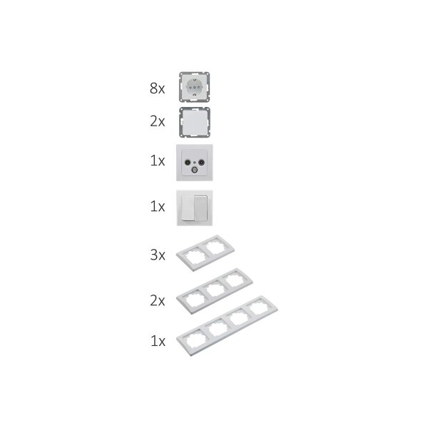 Delphi Steckdosen Schalter Set Wohnzimmer Lichtschalter mit Steckdose TV Antenne Unterputz Einbau I Weiß