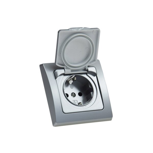 DELPHI Steckdose Unterputz IP44 Feuchtraum-Steckdose mit Schutz-Deckel Gummidichtung für Küche Bad Terrasse Balkon Grau Silber