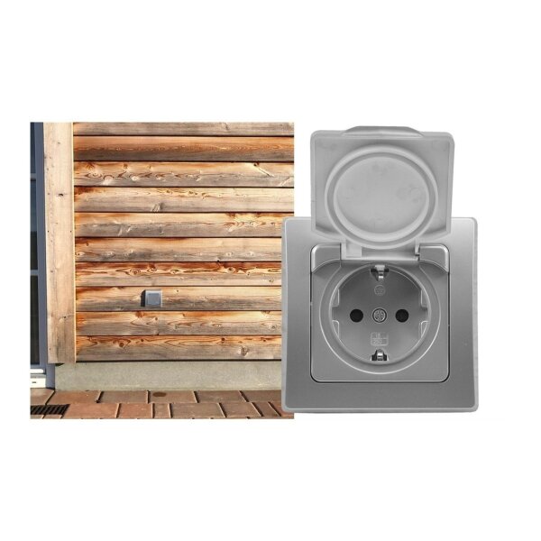 DELPHI Steckdose Unterputz IP44 Feuchtraum-Steckdose mit Schutz-Deckel Gummidichtung für Küche Bad Terrasse Balkon Grau Silber