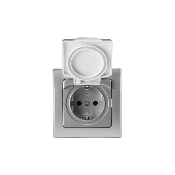 DELPHI Steckdose Unterputz IP44 Feuchtraum-Steckdose mit Schutz-Deckel Gummidichtung für Küche Bad Terrasse Balkon Grau Silber