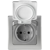 DELPHI Steckdose Unterputz IP44 Feuchtraum-Steckdose mit Schutz-Deckel Gummidichtung für Küche Bad Terrasse Balkon Grau Silber