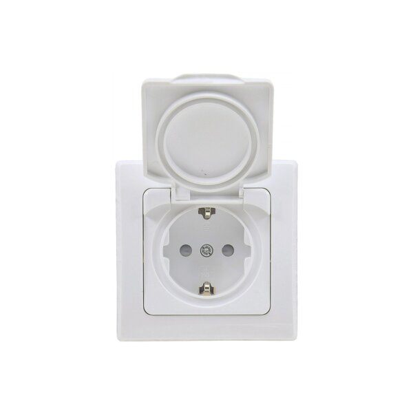 DELPHI Steckdose Unterputz IP44 Aussen Innen mit Dichtung Klapp-Deckel 230V-240V 16A Schutzkontakt-Steckdose mit erhötem Berührungsschutz Weiß