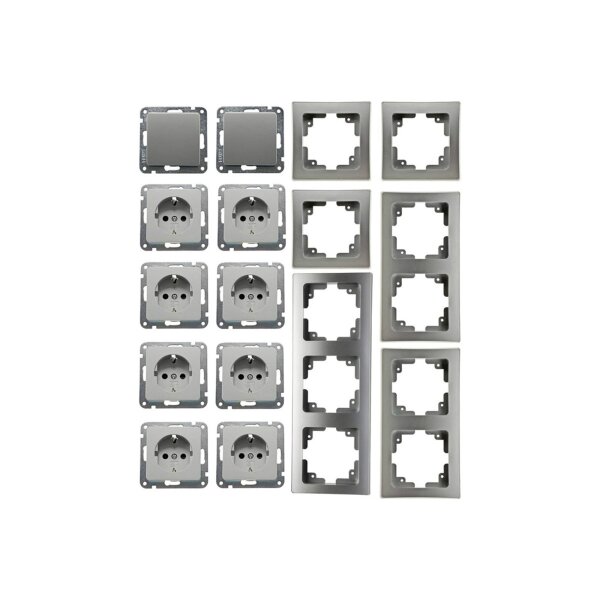 DELPHI Steckdose Schalter Unterputz Komplett Set 2x Wechselschalter Rahmen 8x Steckdosen mit erhöhtem Berührungsschutz Grau Silber