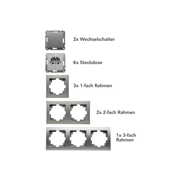 DELPHI Steckdose Schalter Unterputz Komplett Set 2x Wechselschalter Rahmen 8x Steckdosen mit erhöhtem Berührungsschutz Grau Silber