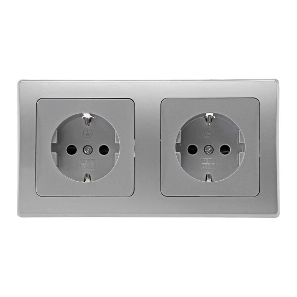 DELPHI Steckdose Schalter Unterputz Komplett Set 2x Wechselschalter Rahmen 8x Steckdosen mit erhöhtem Berührungsschutz Grau Silber