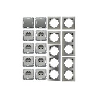 DELPHI Steckdose Schalter Unterputz Komplett Set 2x Wechselschalter Rahmen 8x Steckdosen mit erhöhtem Berührungsschutz Grau Silber