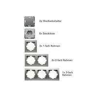 DELPHI Steckdose Schalter Unterputz Komplett Set 2x Wechselschalter Rahmen 8x Steckdosen mit erhöhtem Berührungsschutz Grau Silber
