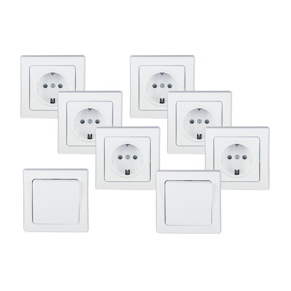 DELPHI Starter-Kit – 6 Steckdosen, 2 Schalter, 8 Rahmen, weiß, 250?V