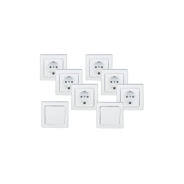 DELPHI Starter-Kit – 6 Steckdosen, 2 Schalter, 8 Rahmen, weiß, 250?V