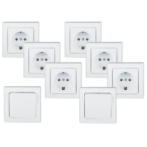 DELPHI Starter-Kit – 6 Steckdosen, 2 Schalter, 8 Rahmen, weiß, 250?V