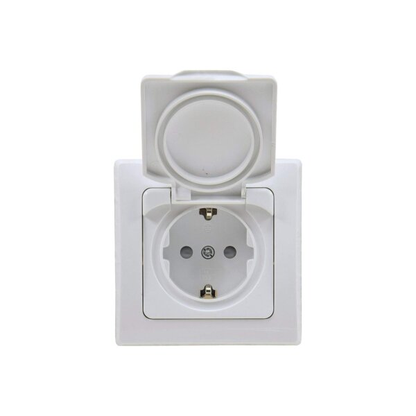 DELPHI Steckdose Schalter für Aussen IP44 inkl. Rahmen 230V I Unterputz Wechselschalter Steckdose mit Klappdeckel für Feuchträume und Aussenbereich Weiß