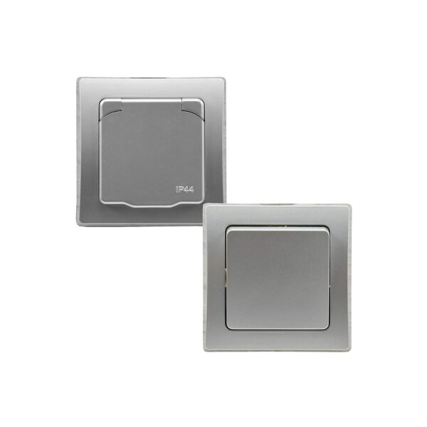DELPHI IP44 Steckdose und Schalter für Aussen 250V Unterputz Schutzkontakt-Steckdose mit Klappdeckel Wechselschalter für Feuchträume und Aussenbereich I Grau Silber