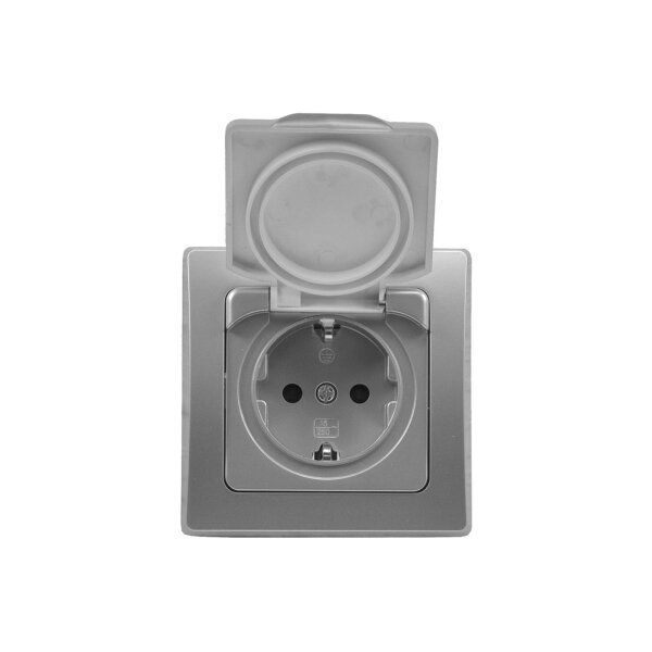 DELPHI IP44 Steckdose und Schalter für Aussen 250V Unterputz Schutzkontakt-Steckdose mit Klappdeckel Wechselschalter für Feuchträume und Aussenbereich I Grau Silber
