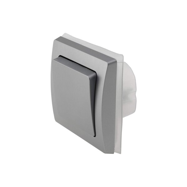 DELPHI IP44 Steckdose und Schalter für Aussen 250V Unterputz Schutzkontakt-Steckdose mit Klappdeckel Wechselschalter für Feuchträume und Aussenbereich I Grau Silber