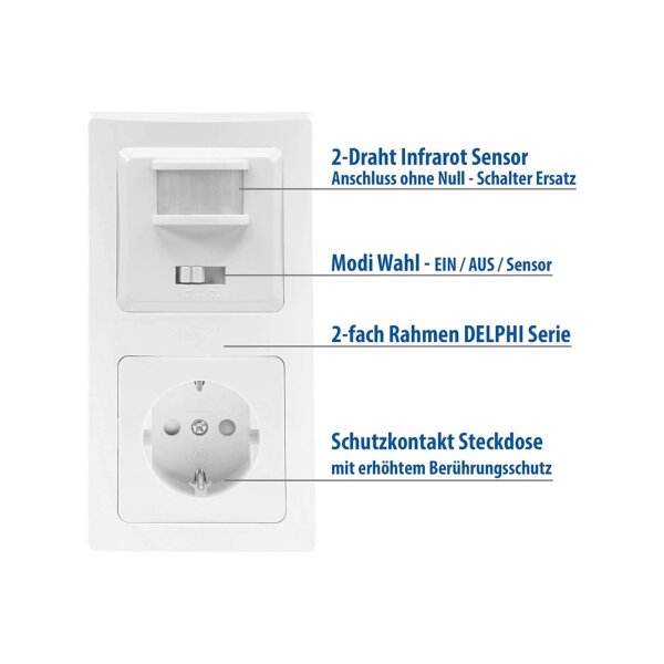 Delphi Bewegungsmelder 2-Draht mit Steckdose Unterputz I 230V 160° Sensor I Anschluss ohne Nullleiter Weiß