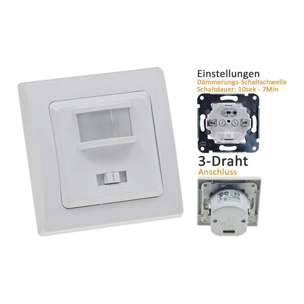 Delphi Bewegungsmelder & Steckdose Weiß UP 230V~ Unterputz 160° Wandsensor mit Schutzkontaktsteckdose im Doppelrahmen