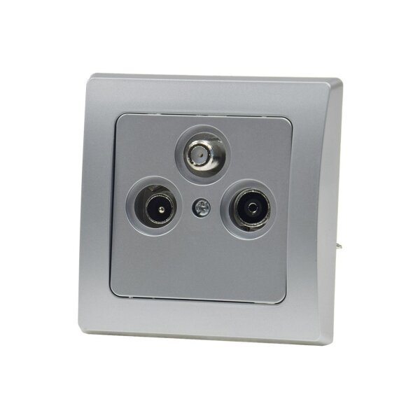 DELPHI Antennendose Silber | 3-Loch Enddose TV SAT Radio | Hochglanz | 80x80 mm