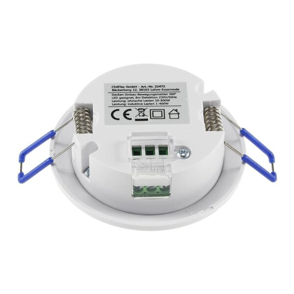 Decken Einbau Bewegungsmelder 360° flach LED geeignet einstellbar 8m Reichweite 230V Mit Aufbaurahmen Weiß