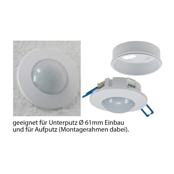 Decken Einbau Bewegungsmelder 360° flach LED geeignet einstellbar 8m Reichweite 230V Mit Aufbaurahmen Weiß