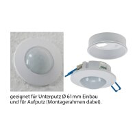 Decken Einbau Bewegungsmelder 360° flach LED geeignet einstellbar 8m Reichweite 230V Mit Aufbaurahmen Weiß