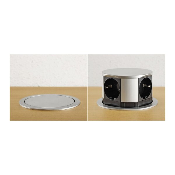 ChiliTec Versenkbare Tisch Steckdose mit 4 Steckdosen I 230V I 150cm Anschlusskabel mit Stecker I Silber/Schwarz