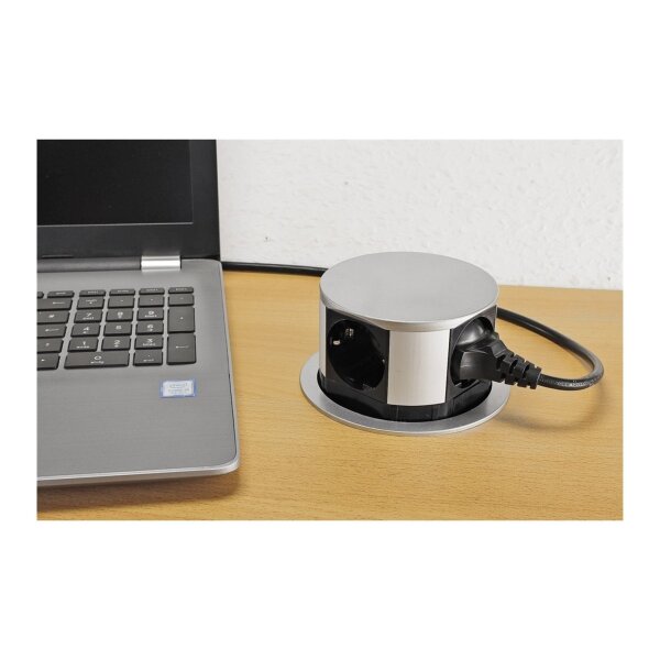 ChiliTec Versenkbare Tisch Steckdose mit 4 Steckdosen I 230V I 150cm Anschlusskabel mit Stecker I Silber/Schwarz