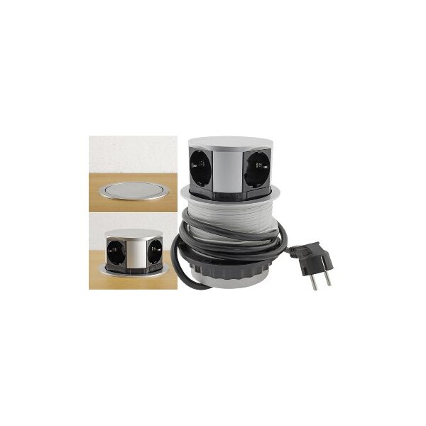 ChiliTec Versenkbare Tisch Steckdose mit 4 Steckdosen I 230V I 150cm Anschlusskabel mit Stecker I Silber/Schwarz