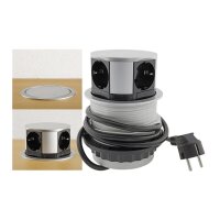 ChiliTec Versenkbare Tisch Steckdose mit 4 Steckdosen I 230V I 150cm Anschlusskabel mit Stecker I Silber/Schwarz