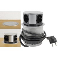 ChiliTec Versenkbare Tisch Steckdose mit 4 Steckdosen I 230V I 150cm Anschlusskabel mit Stecker I Silber/Schwarz