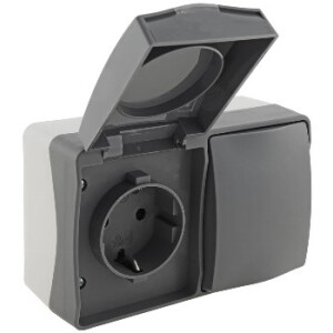 ChiliTec Steckdose Schalter Kombination Aufputz IP54 Waagerecht Feuchtraum Horizontal 250V Grau